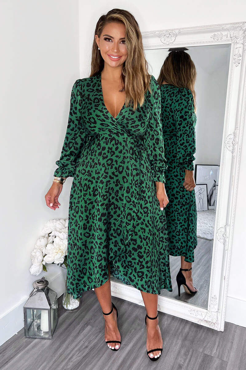 Green And Black Animal Printed Wrap Over Midi Dress - Image 3