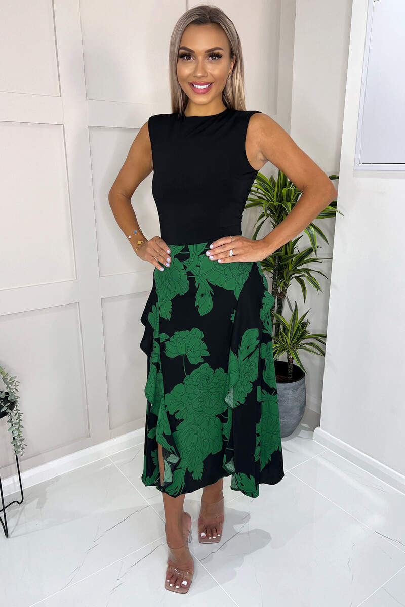 Green And Black Floral Print 2 in 1 Midi Dress - Image 2