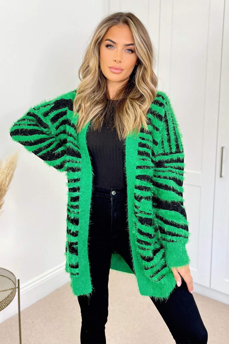 Green And Black Fluffy Knit Long Sleeve Animal Print Cardigan - Image 2