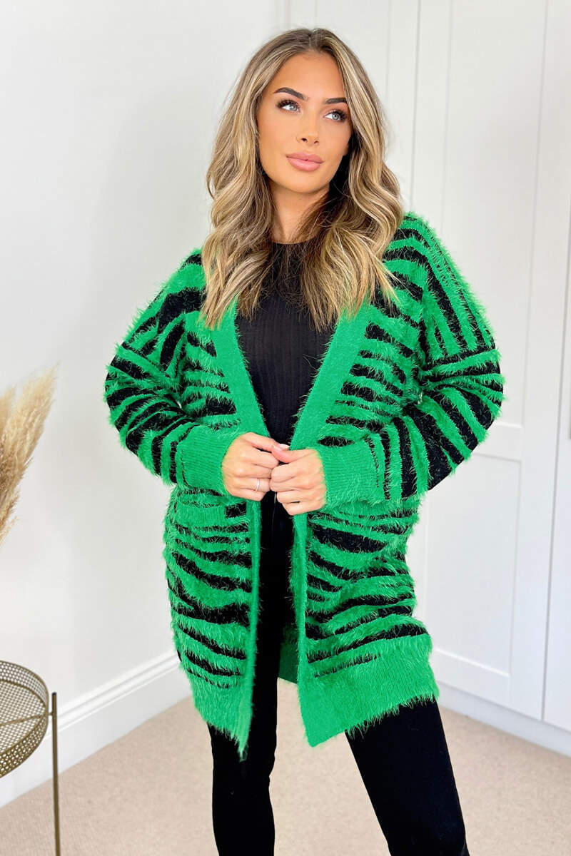 Green And Black Fluffy Knit Long Sleeve Animal Print Cardigan - Image 3