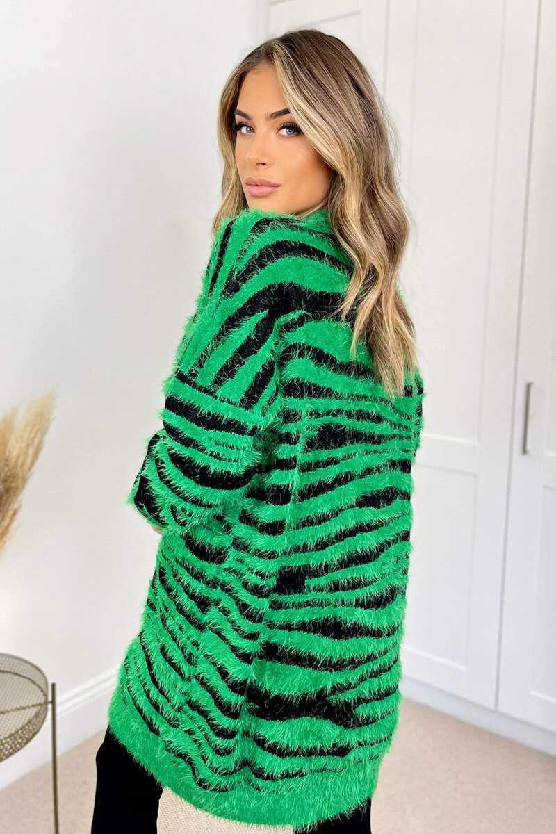 Green And Black Fluffy Knit Long Sleeve Animal Print Cardigan - Image 4