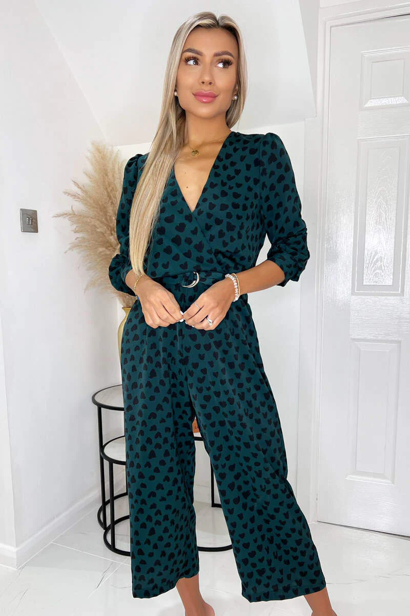 Green And Black Heart Printed Belted 3/4 Sleeve Jumpsuit - Image 3