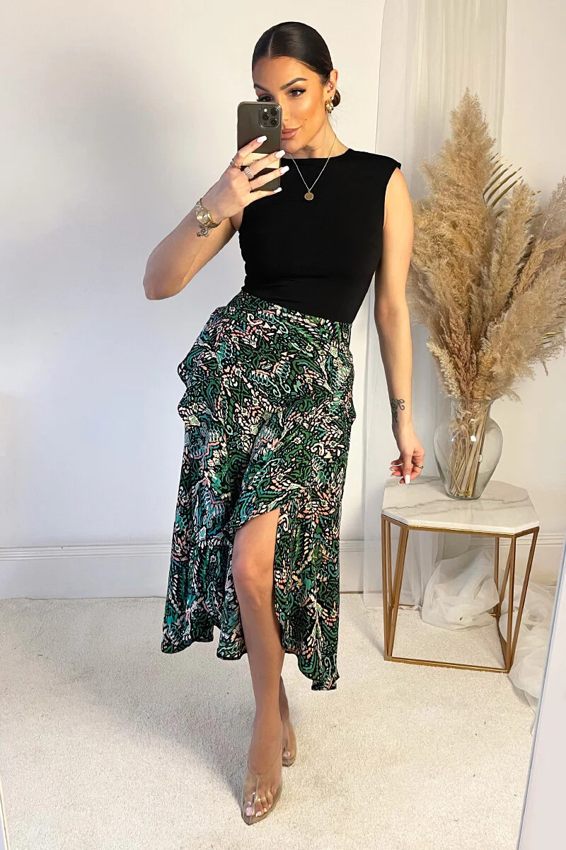 Green And Black Printed 2 in 1 Midi Dress - Image 2