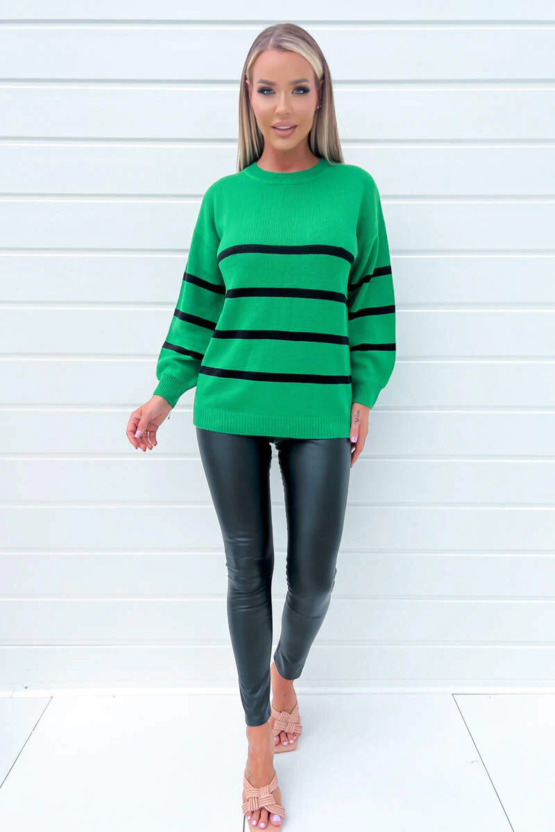 Green And Black Striped Print Long Sleeve Round Neck Knitted Jumper - Image 3