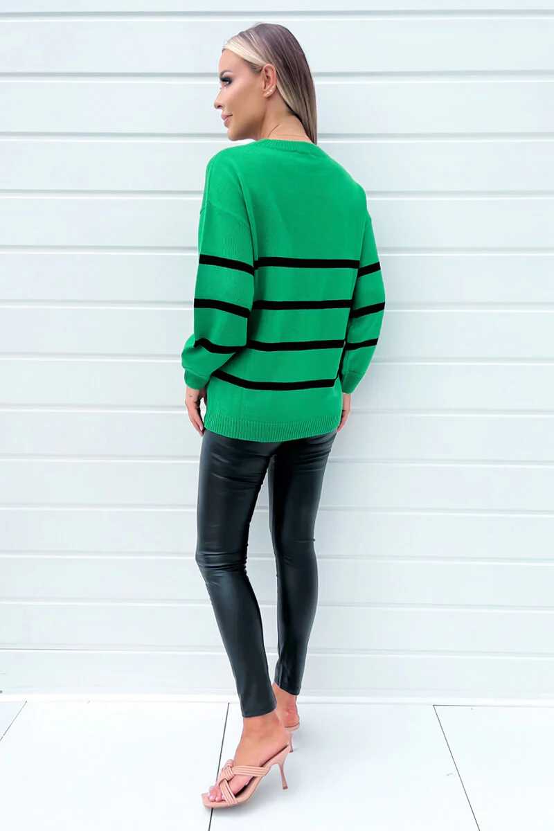 Green And Black Striped Print Long Sleeve Round Neck Knitted Jumper - Image 4