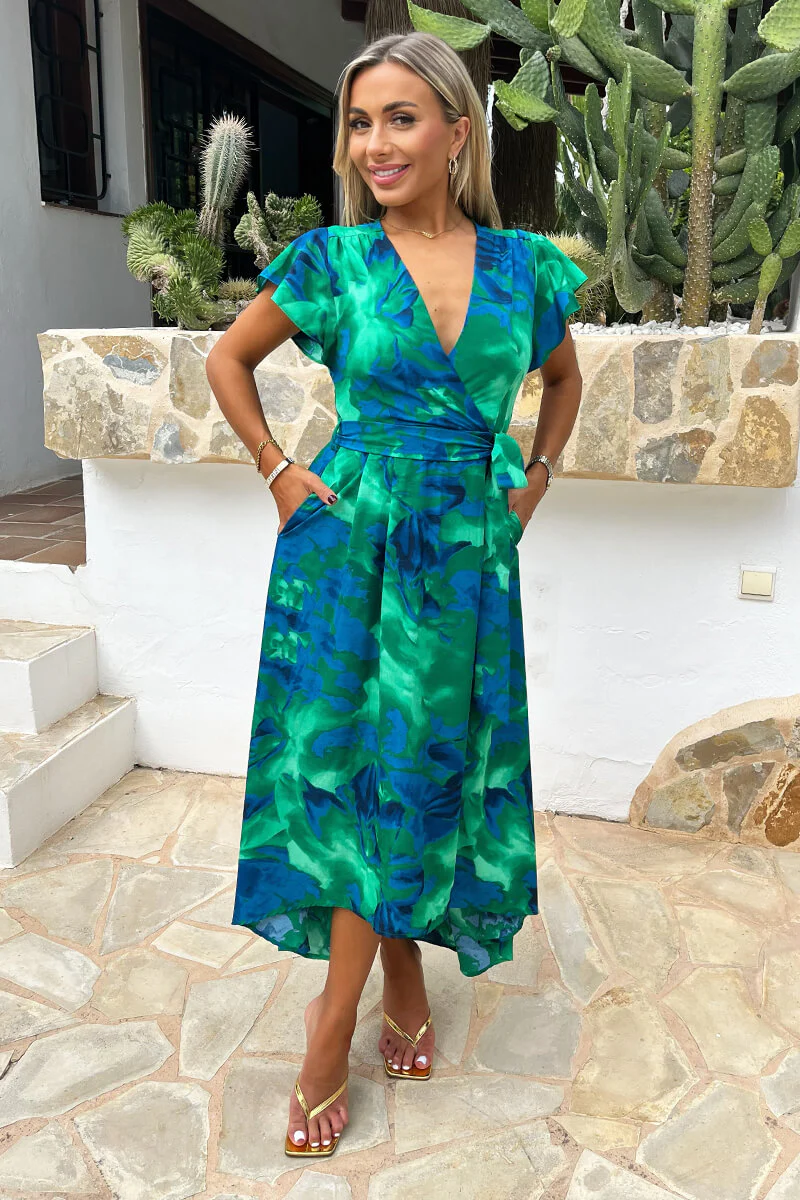 Green And Blue Abstract Print Short Sleeve Belted Wrap Midi Dress - Image 2