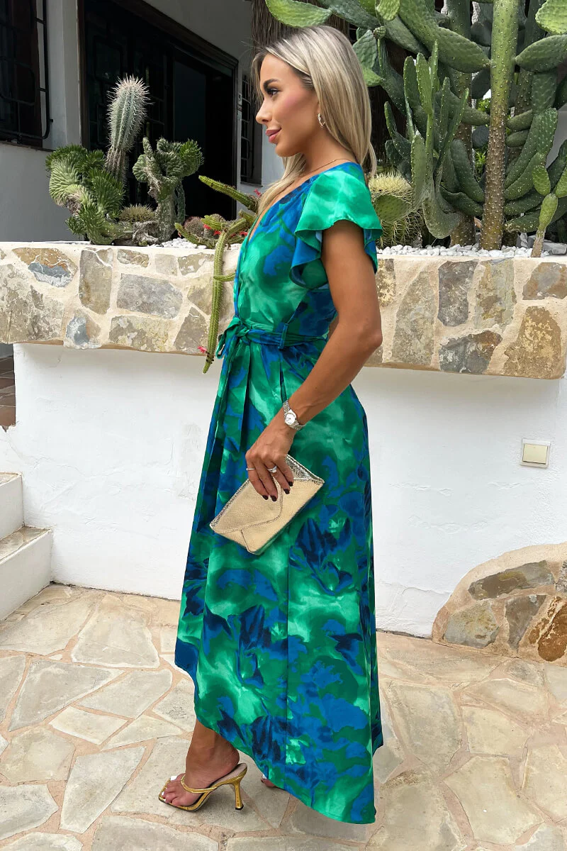 Green And Blue Abstract Print Short Sleeve Belted Wrap Midi Dress - Image 4