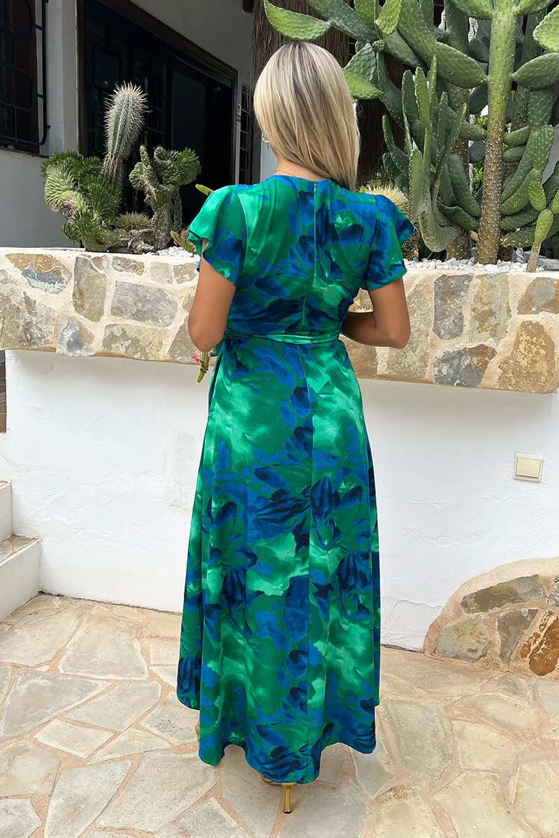 Green And Blue Abstract Print Short Sleeve Belted Wrap Midi Dress - Image 5