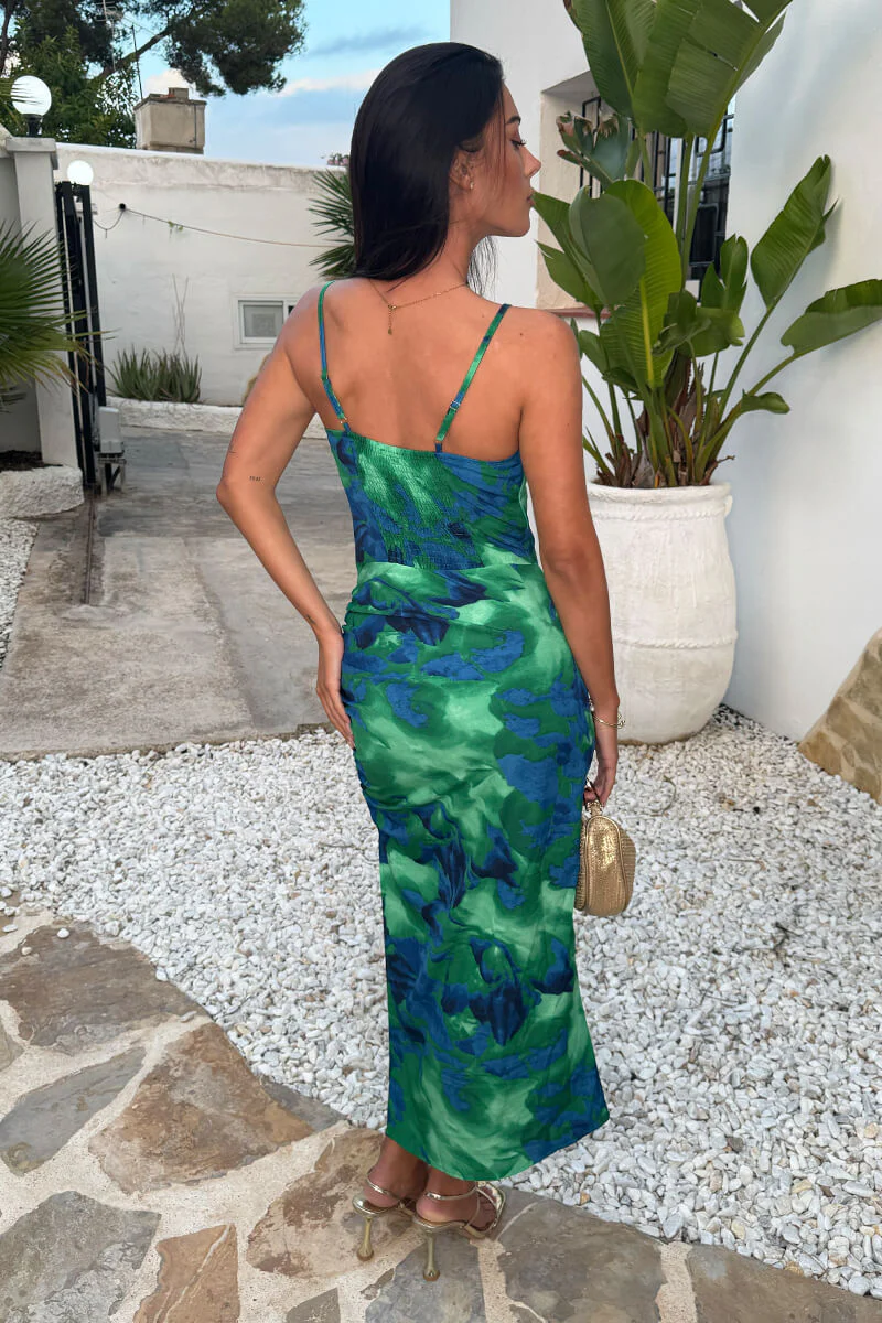 Green And Blue Abstract Print Strappy Midi Dress - Image 5