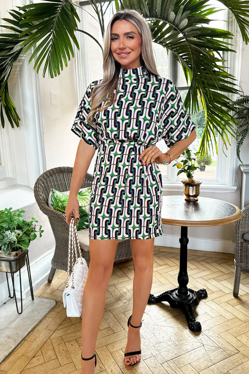 Green And Blue Geometric Printed High Neck Mini Dress - Image 2
