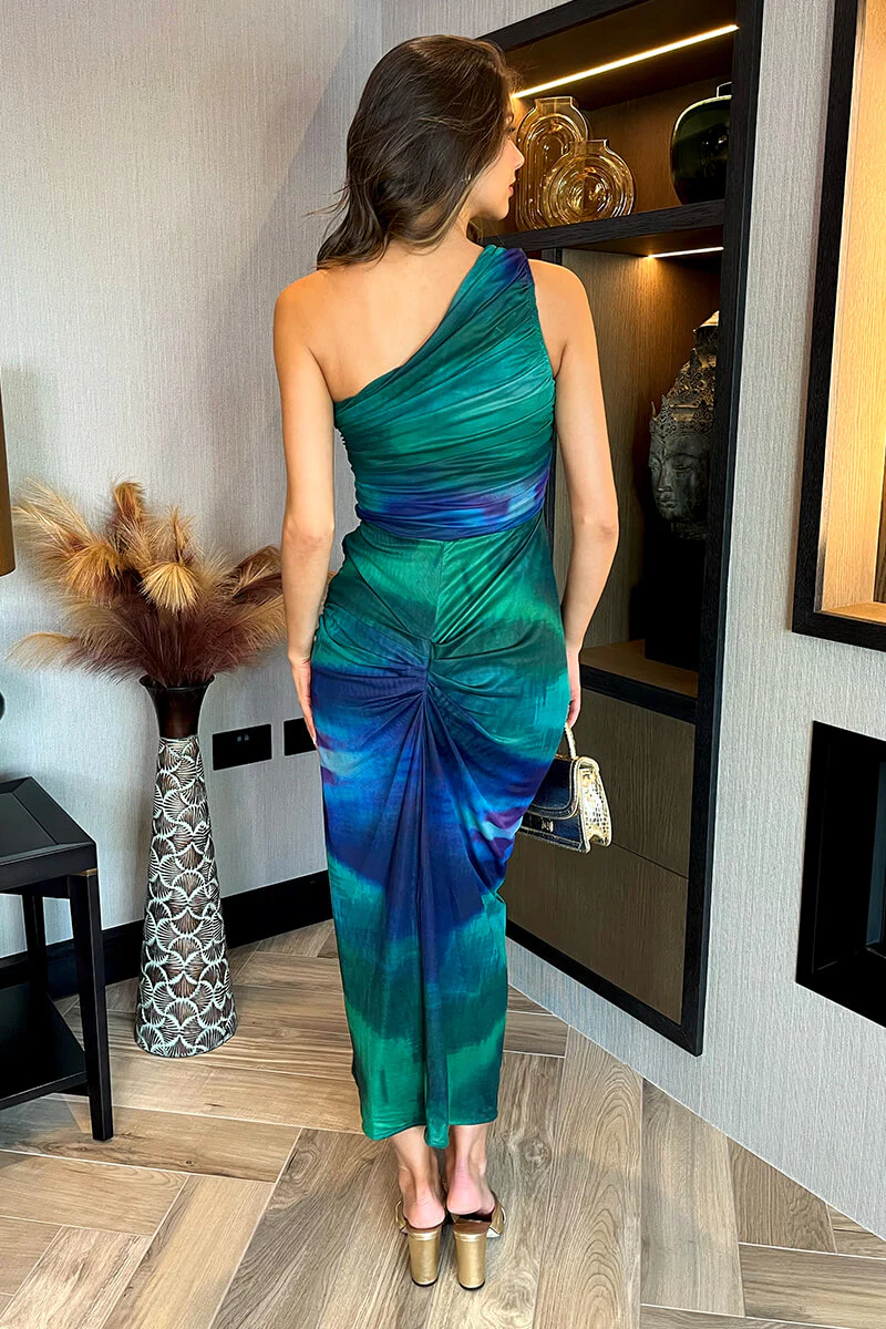 Green And Purple Tie Dye Print One Shoulder Knot Skirt Mesh Midi Dress - Image 5
