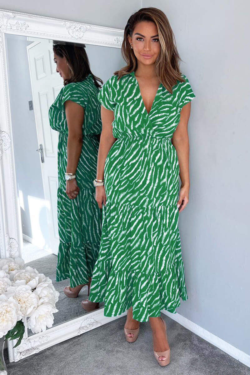 Green And White Animal Print Collared Smock Midi Dress - Image 4