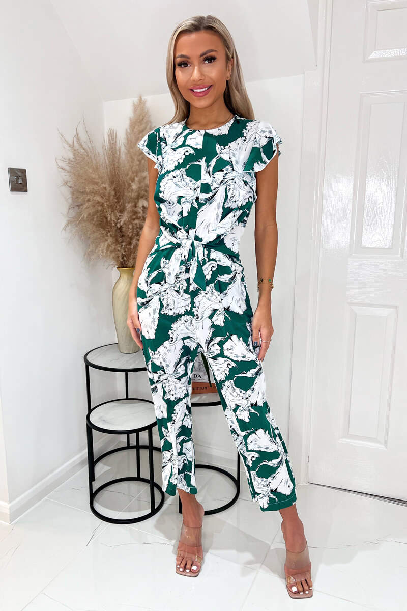 Green And White Floral Frill Sleeve Tie Waist Playsuit - Image 2