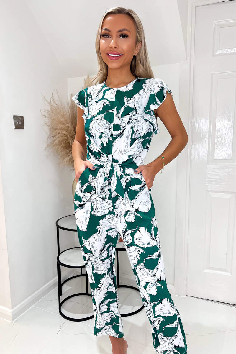 Green And White Floral Frill Sleeve Tie Waist Playsuit - Image 3