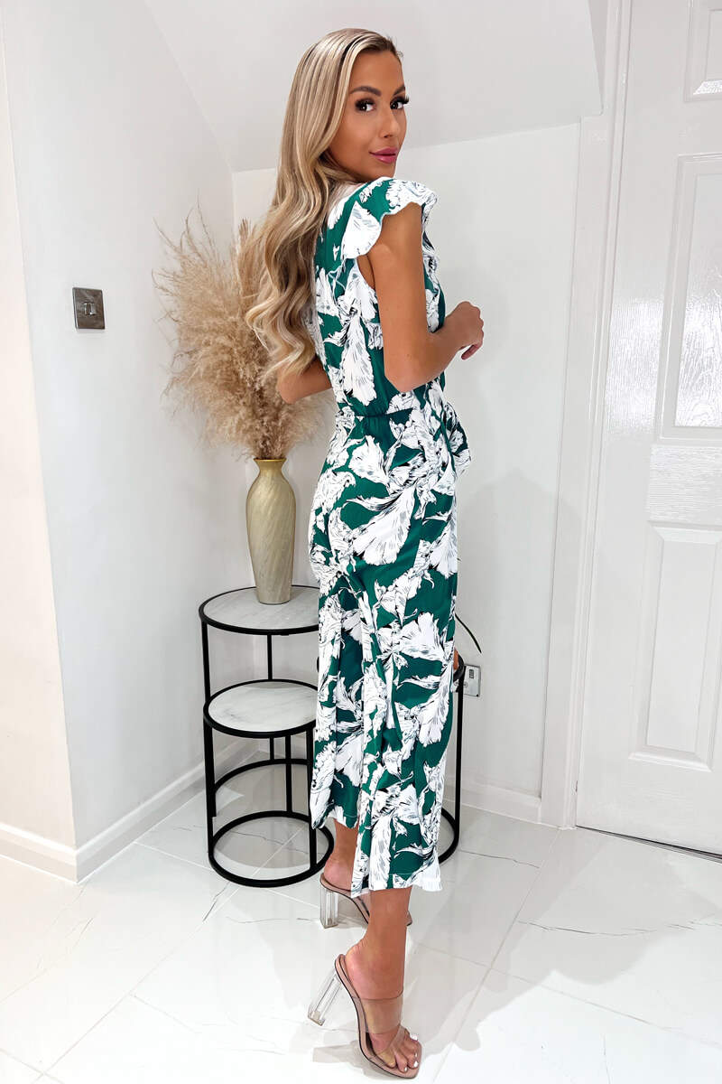 Green And White Floral Frill Sleeve Tie Waist Playsuit - Image 4