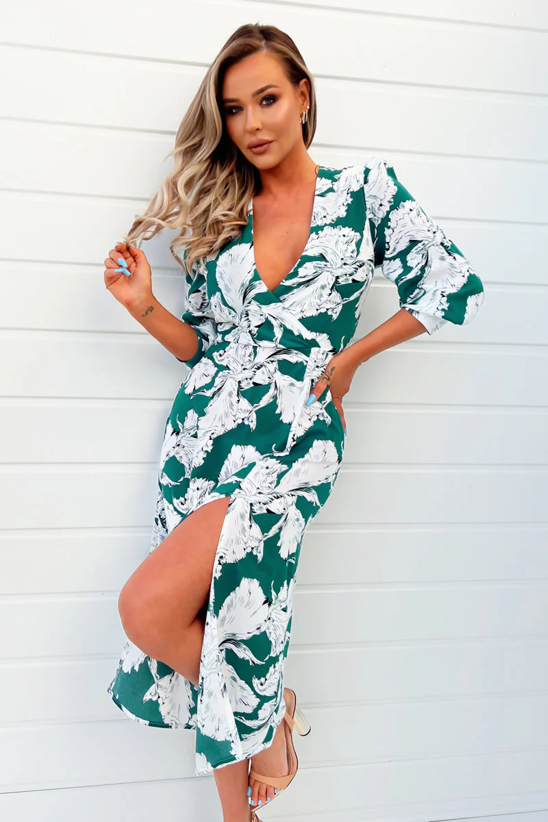 Green And White Floral Print Wrap Top Midi Dress - Image 3
