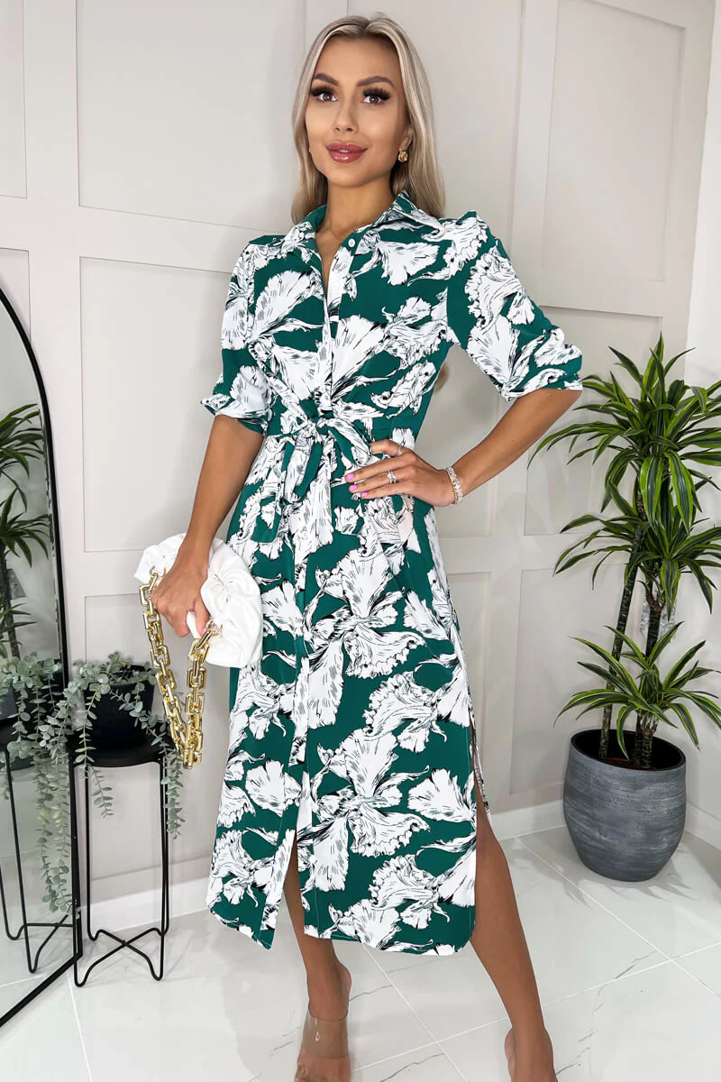 Green And White Floral Printed 3/4 Sleeve Midi Shirt Dress - Image 2
