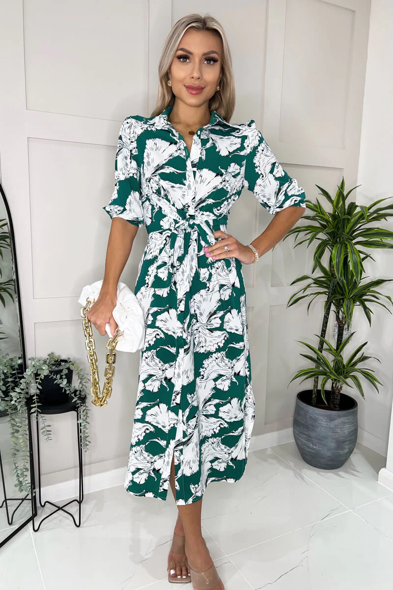 Green And White Floral Printed 3/4 Sleeve Midi Shirt Dress - Image 3