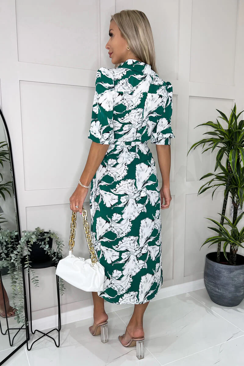 Green And White Floral Printed 3/4 Sleeve Midi Shirt Dress - Image 4