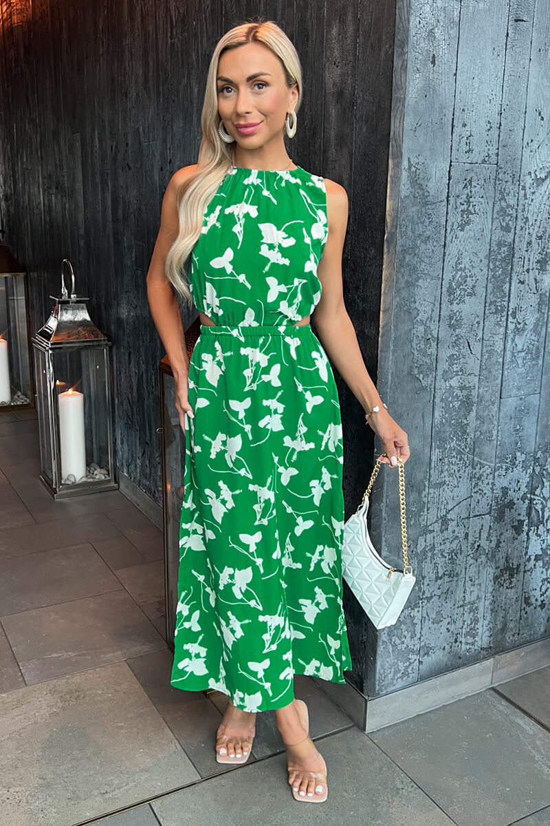 Green And White Floral Printed Cut Out Midi Dress - Image 2