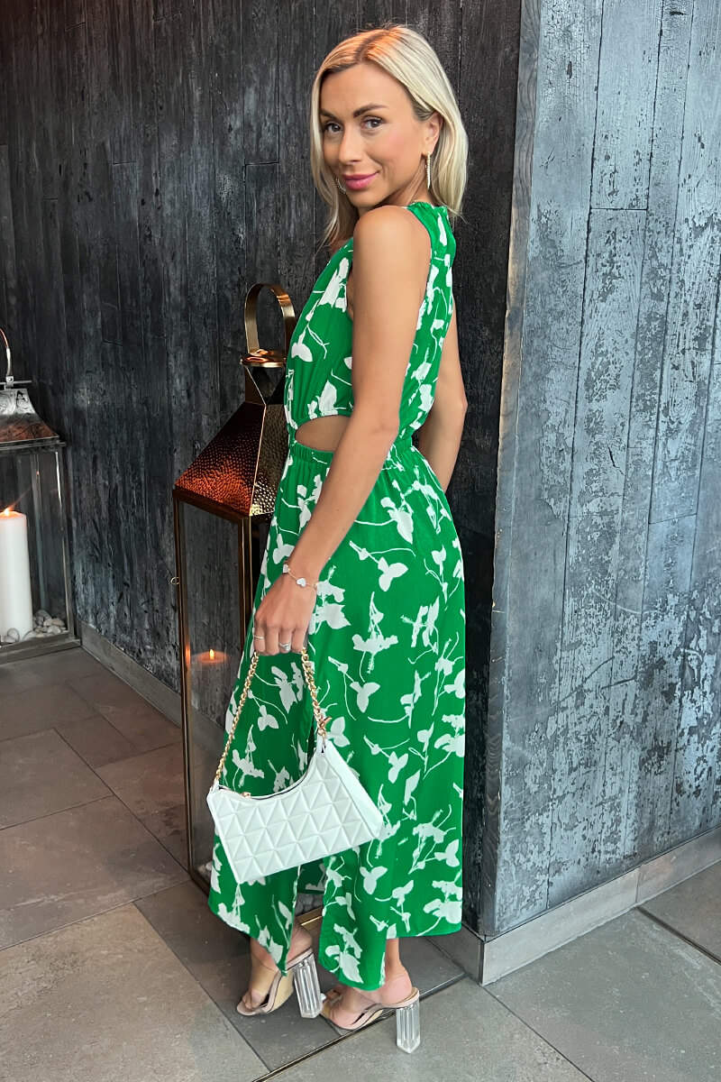 Green And White Floral Printed Cut Out Midi Dress - Image 3