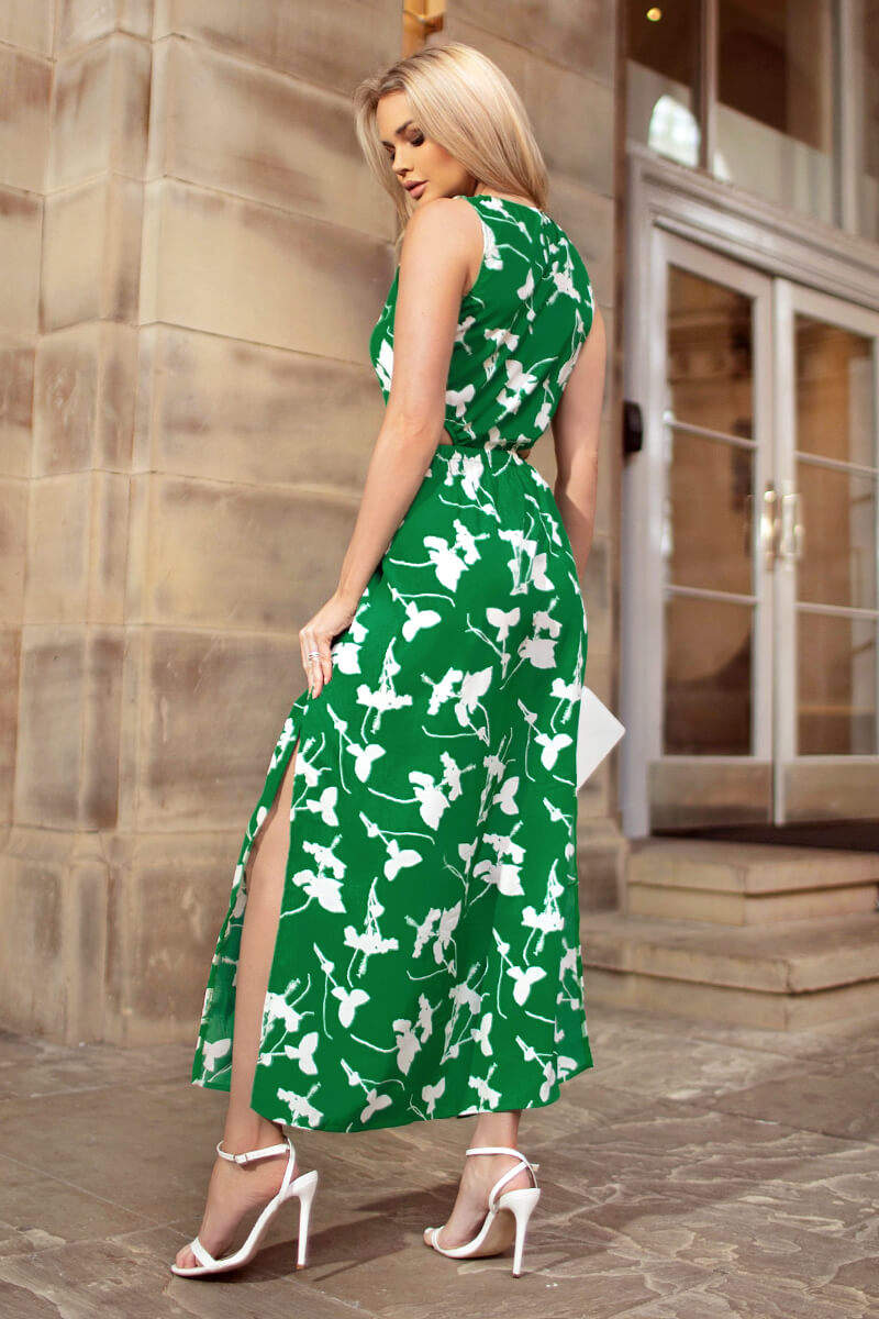 Green And White Floral Printed Cut Out Midi Dress - Image 7