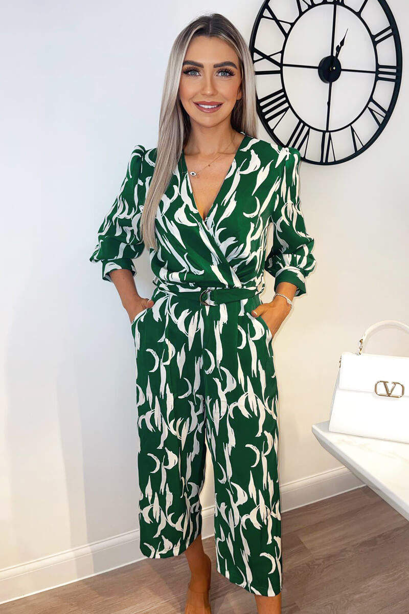 Green And White Printed Belted Jumpsuit - Image 2