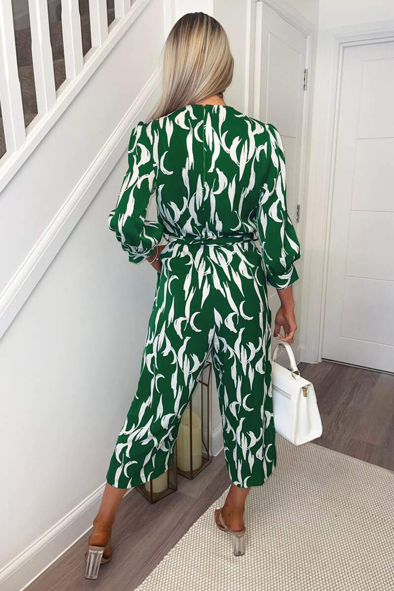 Green And White Printed Belted Jumpsuit - Image 4