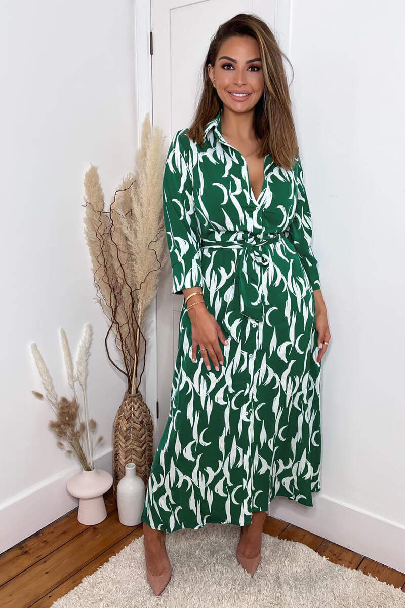 Green And White Printed Button Up Long Sleeve Midi Dress - Image 3