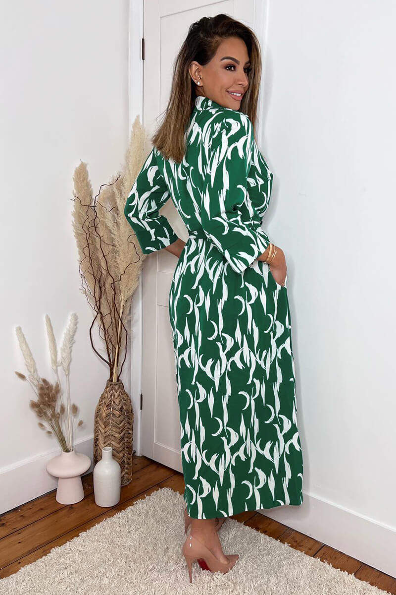 Green And White Printed Button Up Long Sleeve Midi Dress - Image 5