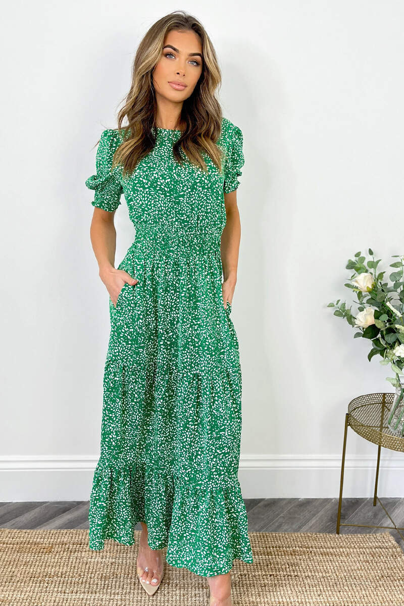 Green And White Printed Shirred Waist Smock Dress - Image 2