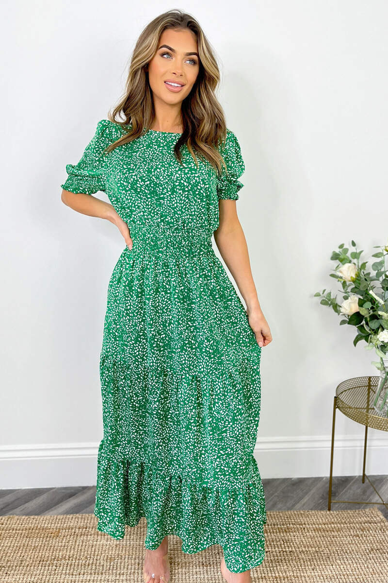 Green And White Printed Shirred Waist Smock Dress - Image 3