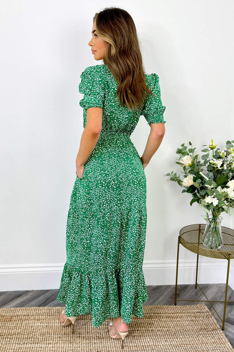 Green And White Printed Shirred Waist Smock Dress - Image 4