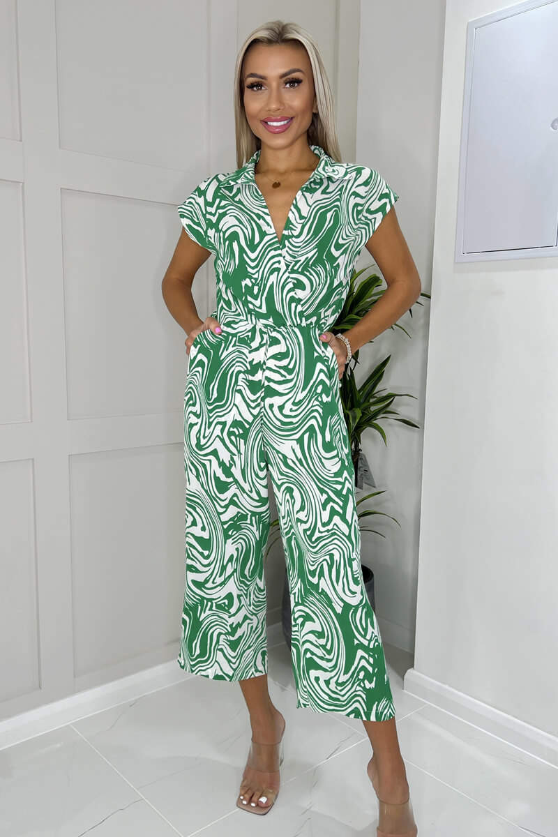 Green And White Printed V Neck Wrap Top Jumpsuit - Image 3