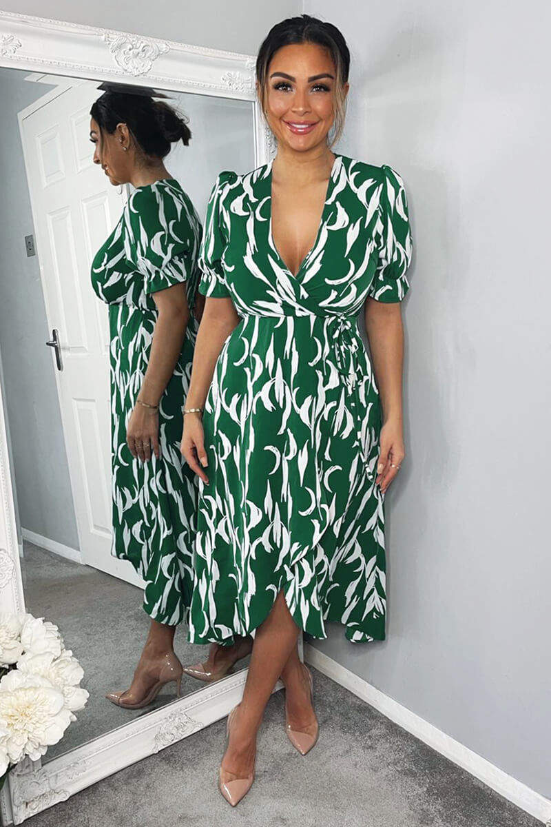 Green And White Printed Wrap Side Tie Midi Dress - Image 2