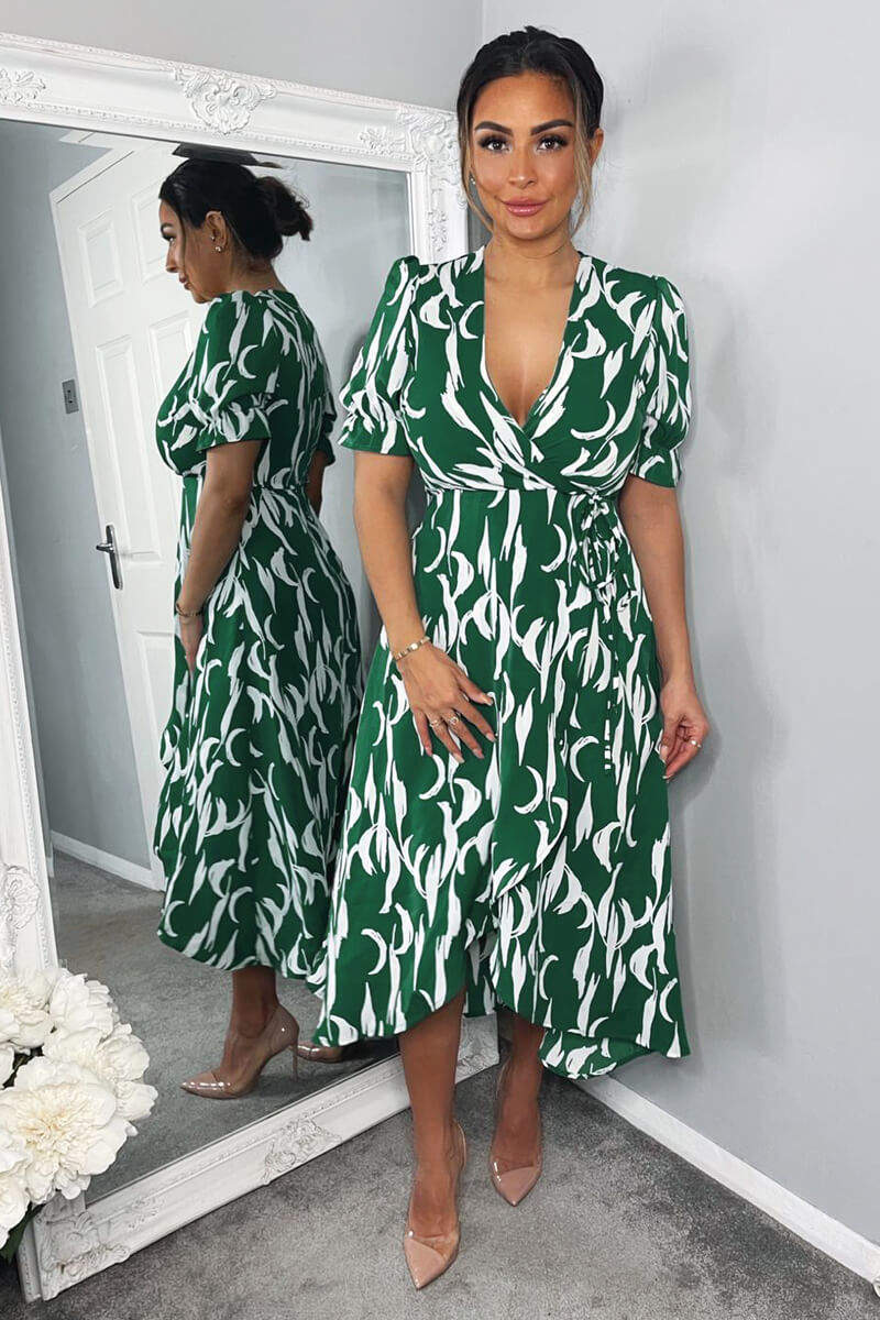 Green And White Printed Wrap Side Tie Midi Dress - Image 3