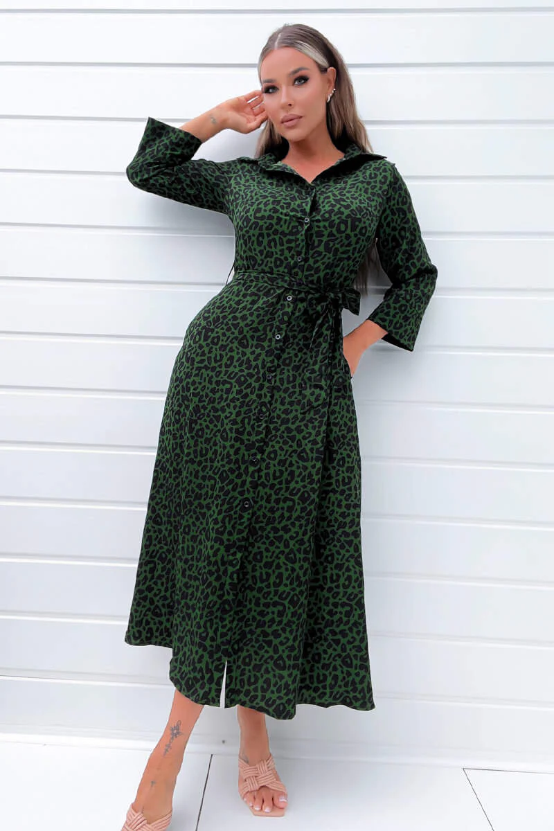 Green Animal Print Belted Midi Shirt Dress - Image 2