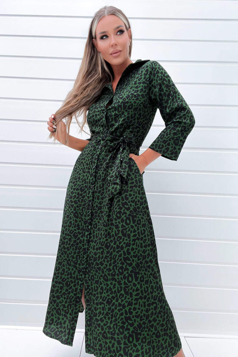 Green Animal Print Belted Midi Shirt Dress - Image 3