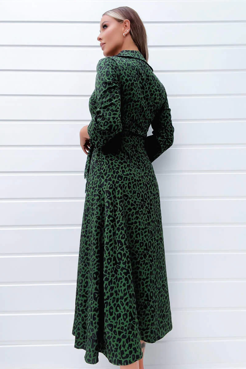 Green Animal Print Belted Midi Shirt Dress - Image 4