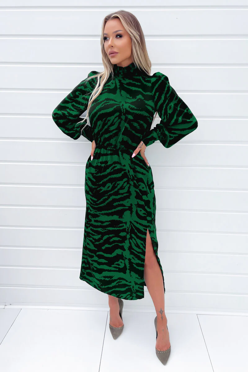 Green Animal Print High Neck Long Sleeve Midi Dress - Image 2