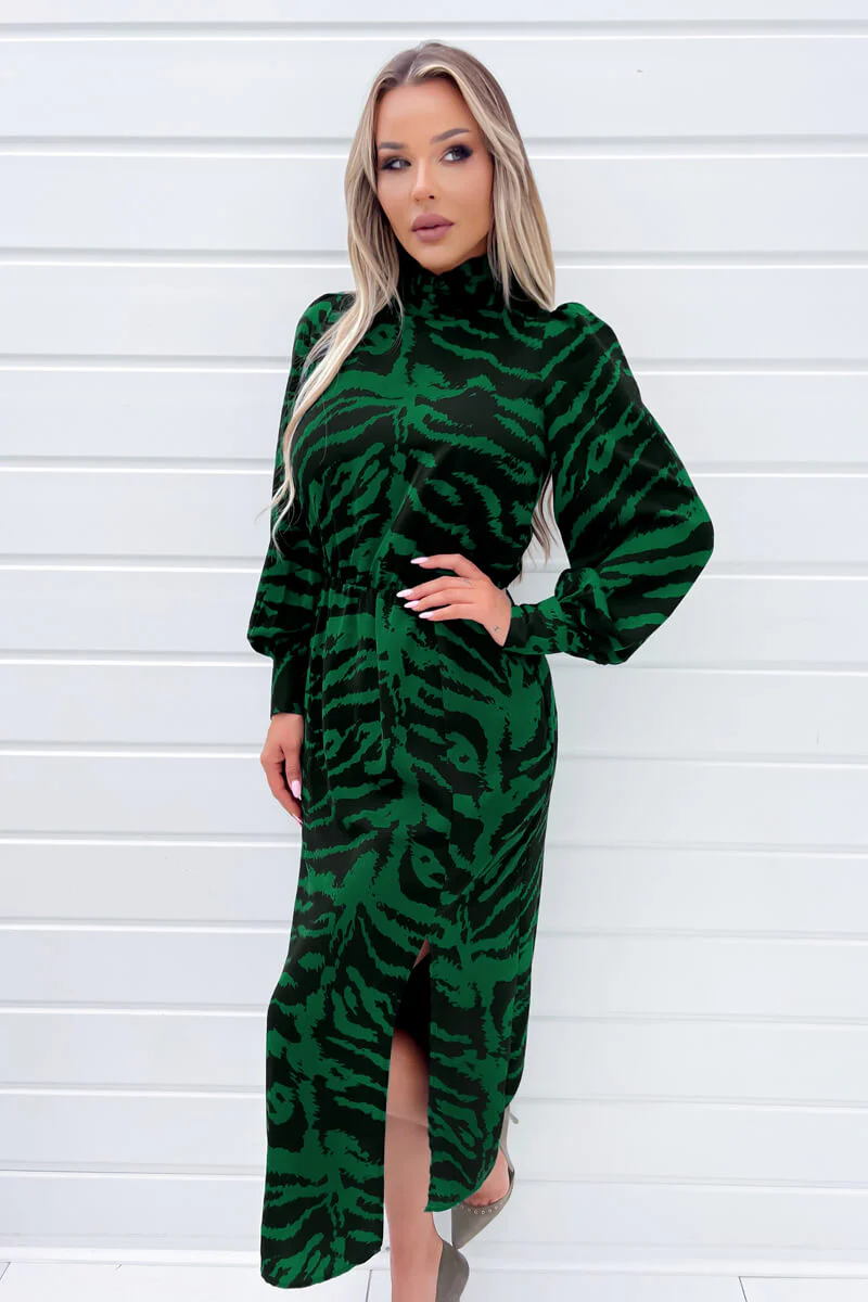 Green Animal Print High Neck Long Sleeve Midi Dress - Image 3