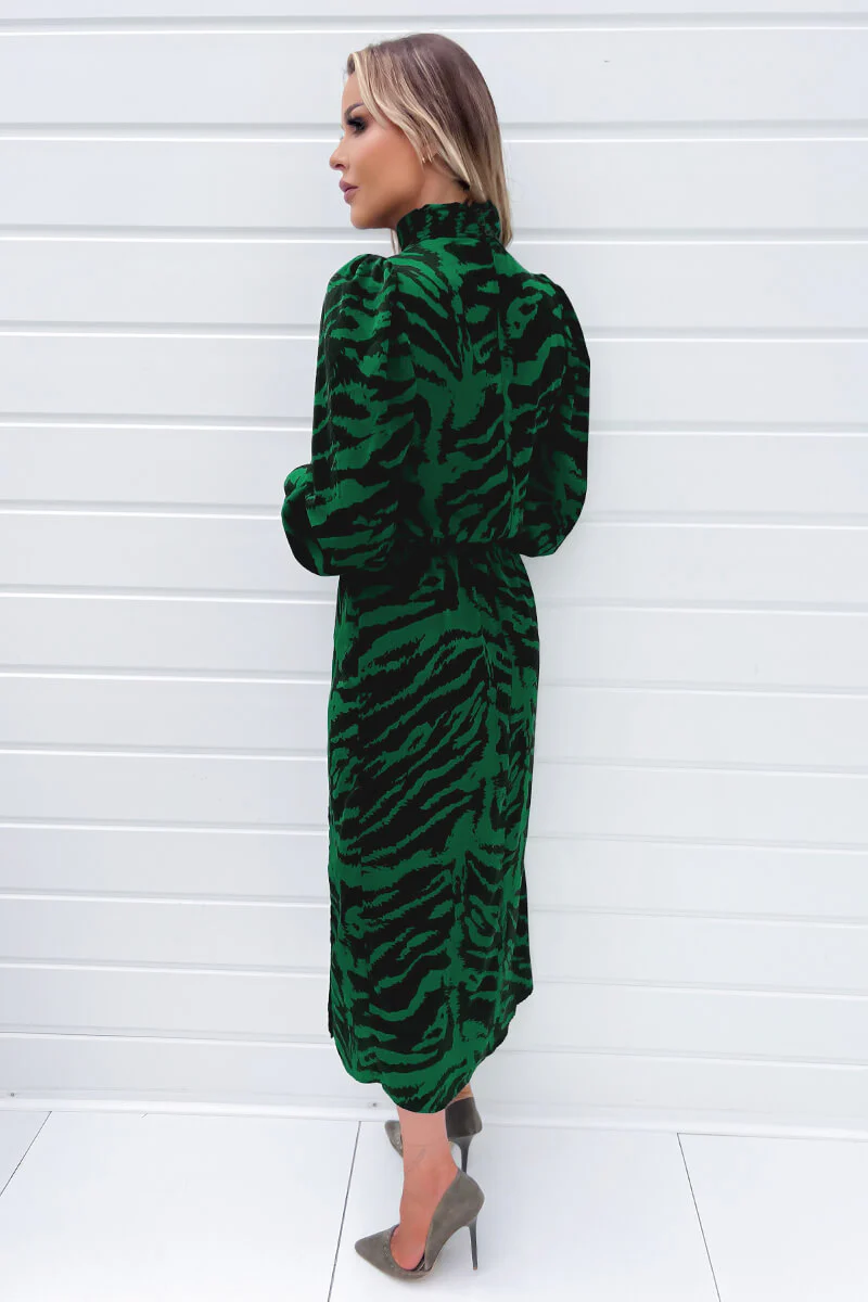 Green Animal Print High Neck Long Sleeve Midi Dress - Image 4