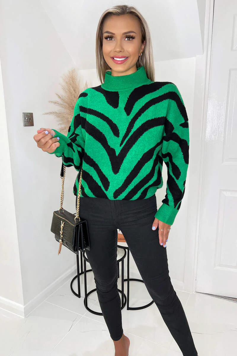 Green Animal Print Long Sleeve High Neck Soft Knitted Jumper - Image 2