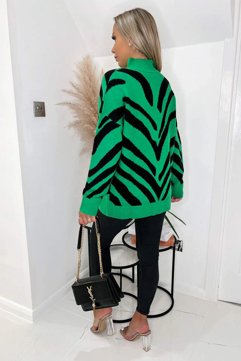 Green Animal Print Long Sleeve High Neck Soft Knitted Jumper - Image 3