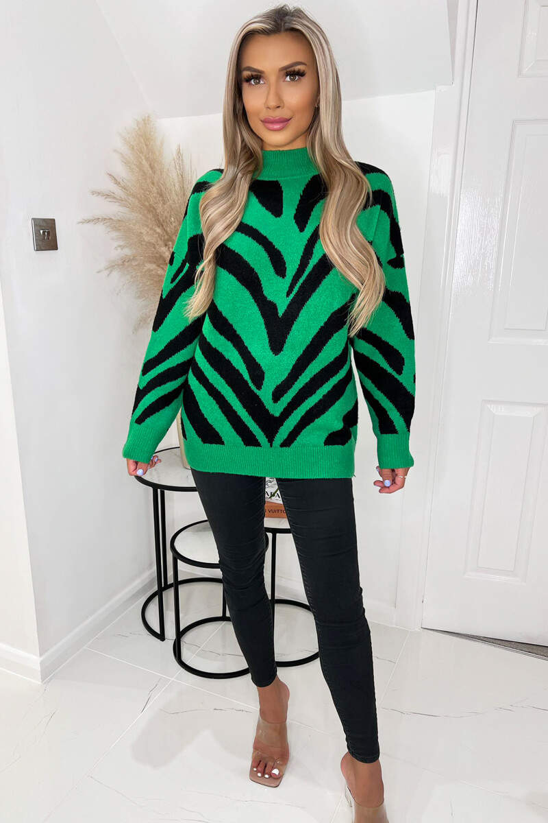 Green Animal Print Long Sleeve High Neck Soft Knitted Jumper - Image 4