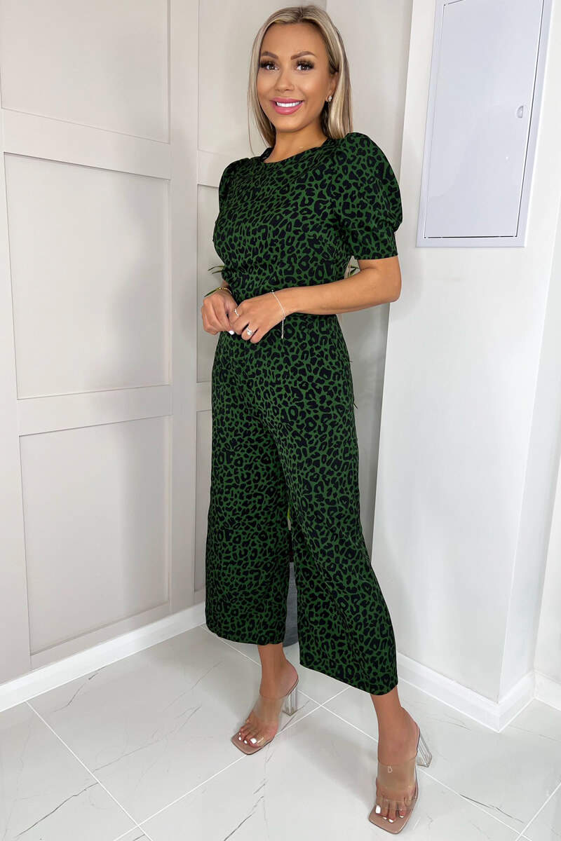 Green Animal Print Round Neck Short Sleeve Jumpsuit - Image 3