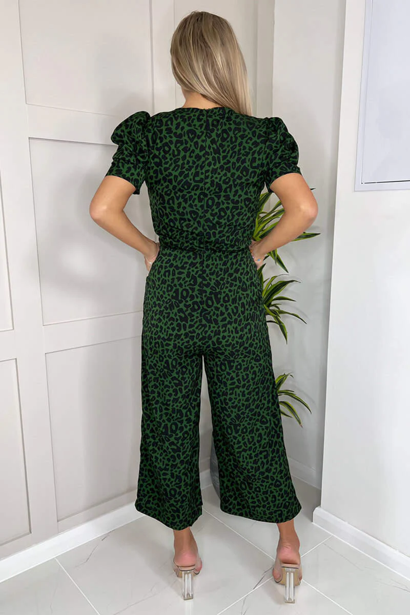 Green Animal Print Round Neck Short Sleeve Jumpsuit - Image 4