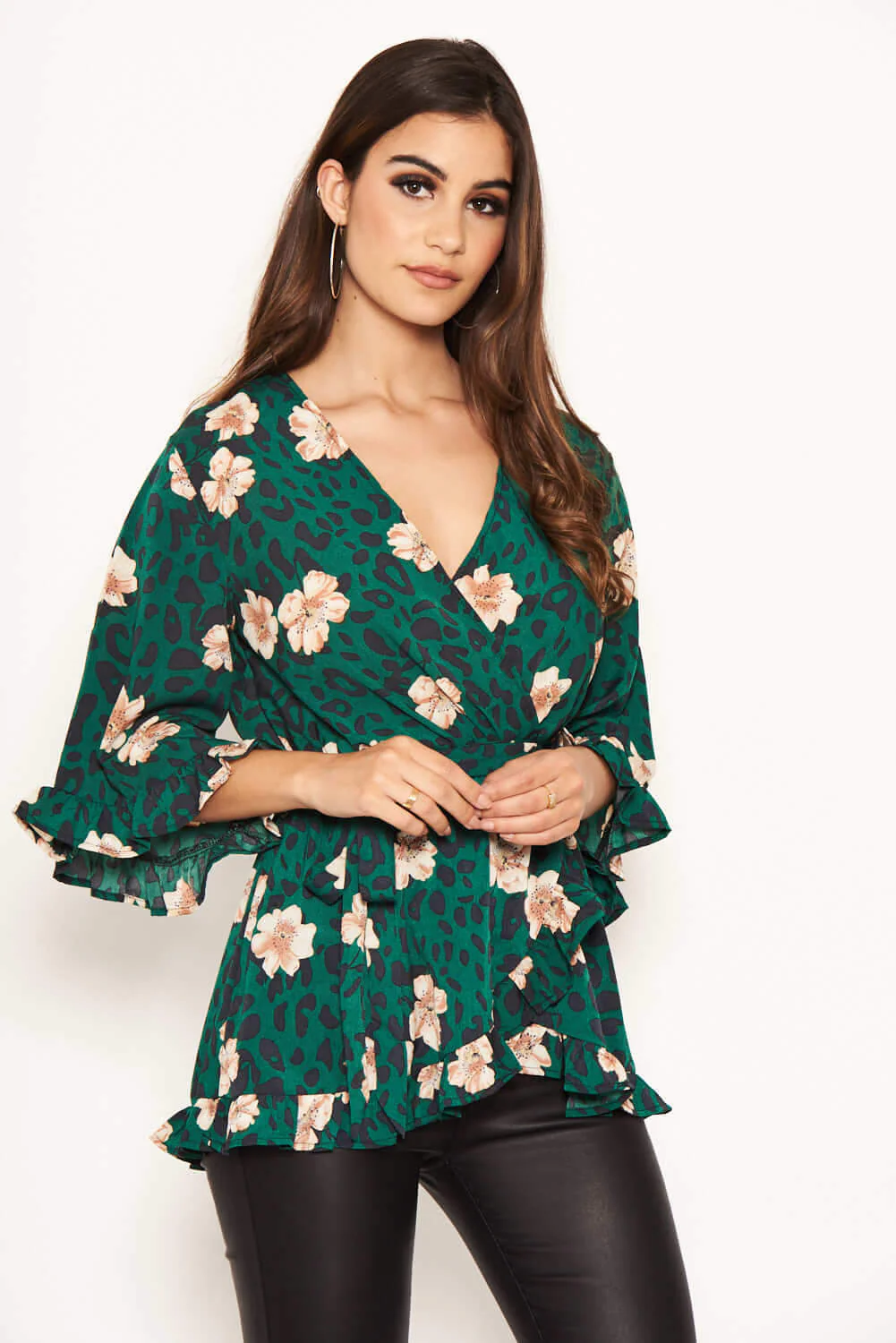Green Animal Print Wrap Top - Image 5