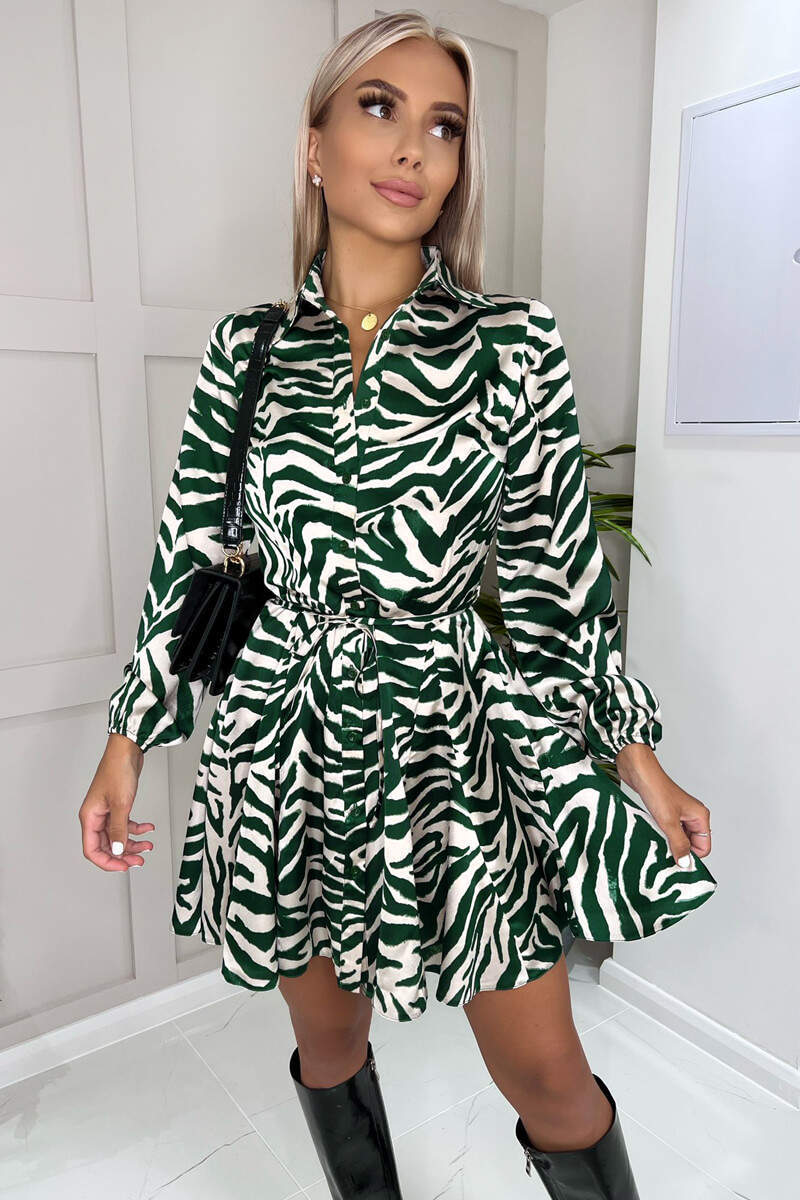 Green Animal Printed Belted Button Up Mini Skater Dress - Image 2