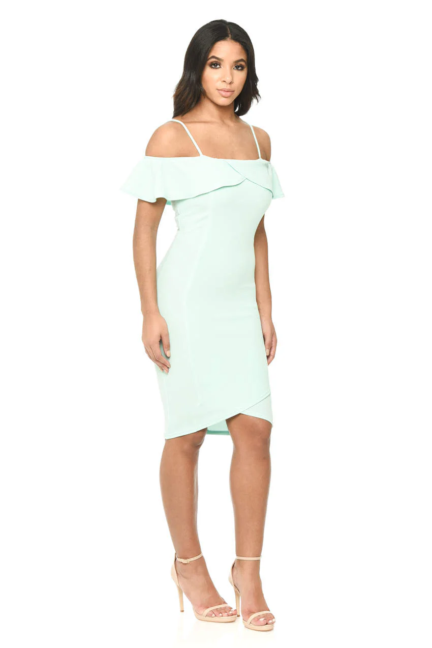 Green Bodycon Midi Dress Featuring A Bardot Frill - Image 2